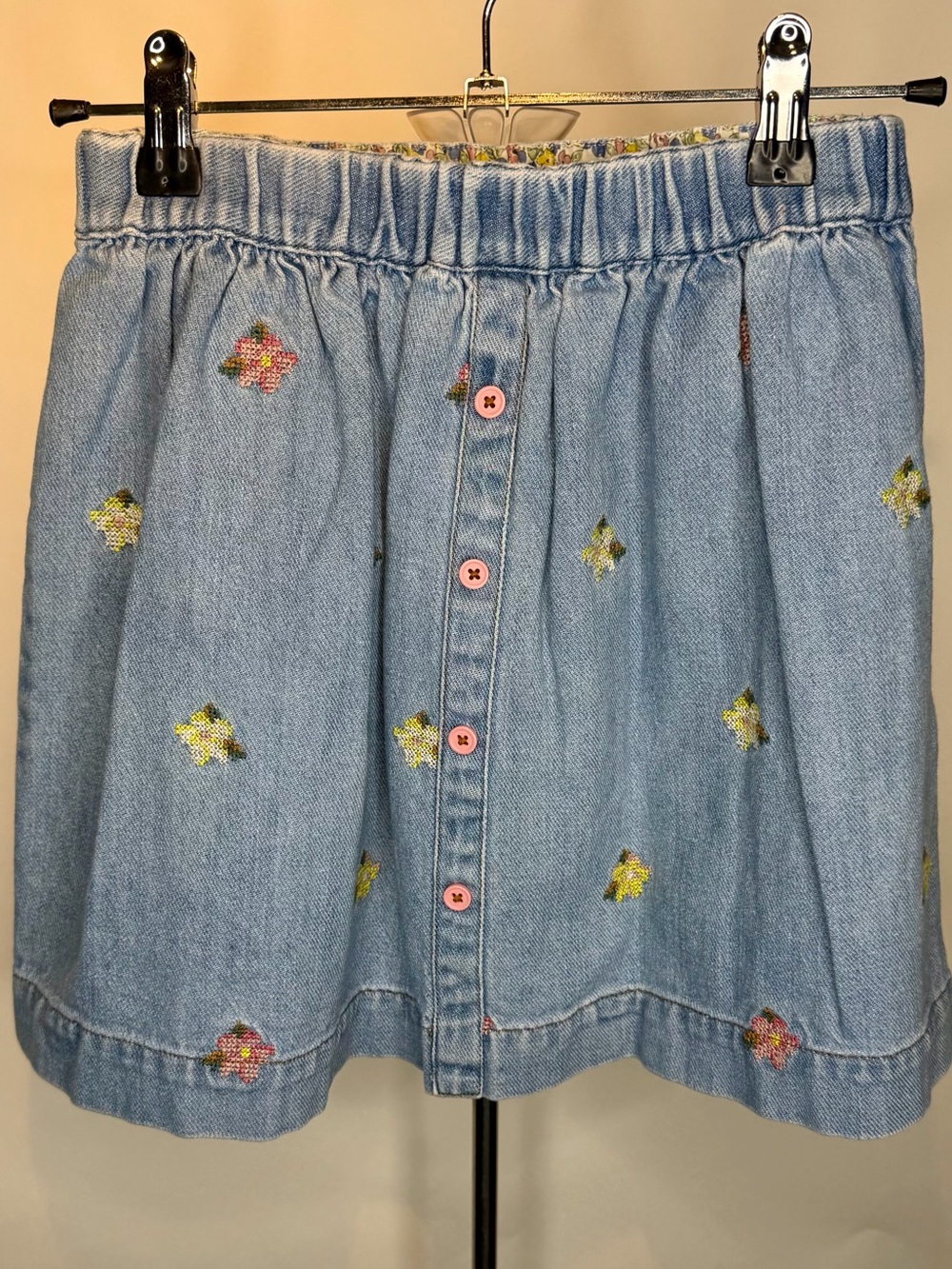 Mini Boden Denim Embroidered Floral A-Line Skirt - Light Blue